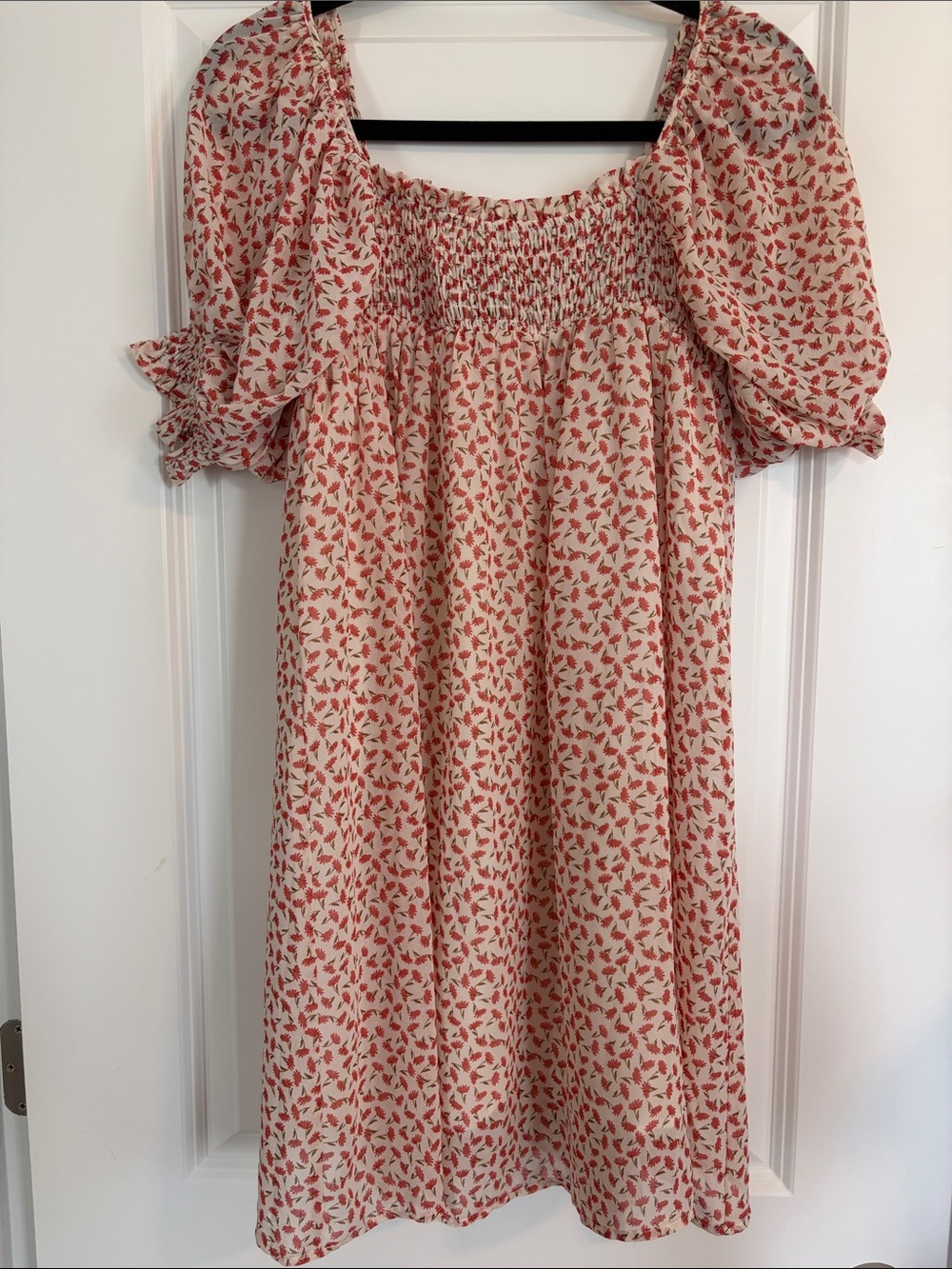 Midi Dress - Cream with Red Floral Print